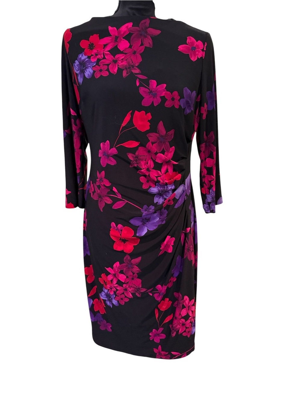 Chaps Black Midi Dress with Fuchsia & Purple Floral